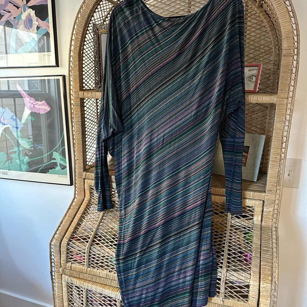 BCBGMaxAzria Black Teal Multi Striped Dress Size Medium